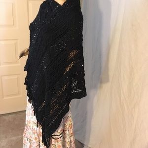 Riah Fashions Sweaters - Riah Fashion Woman crochet black fringe poncho OS Riah Fashions Sweaters - Riah Fashion Woman crochet black fringe poncho OS